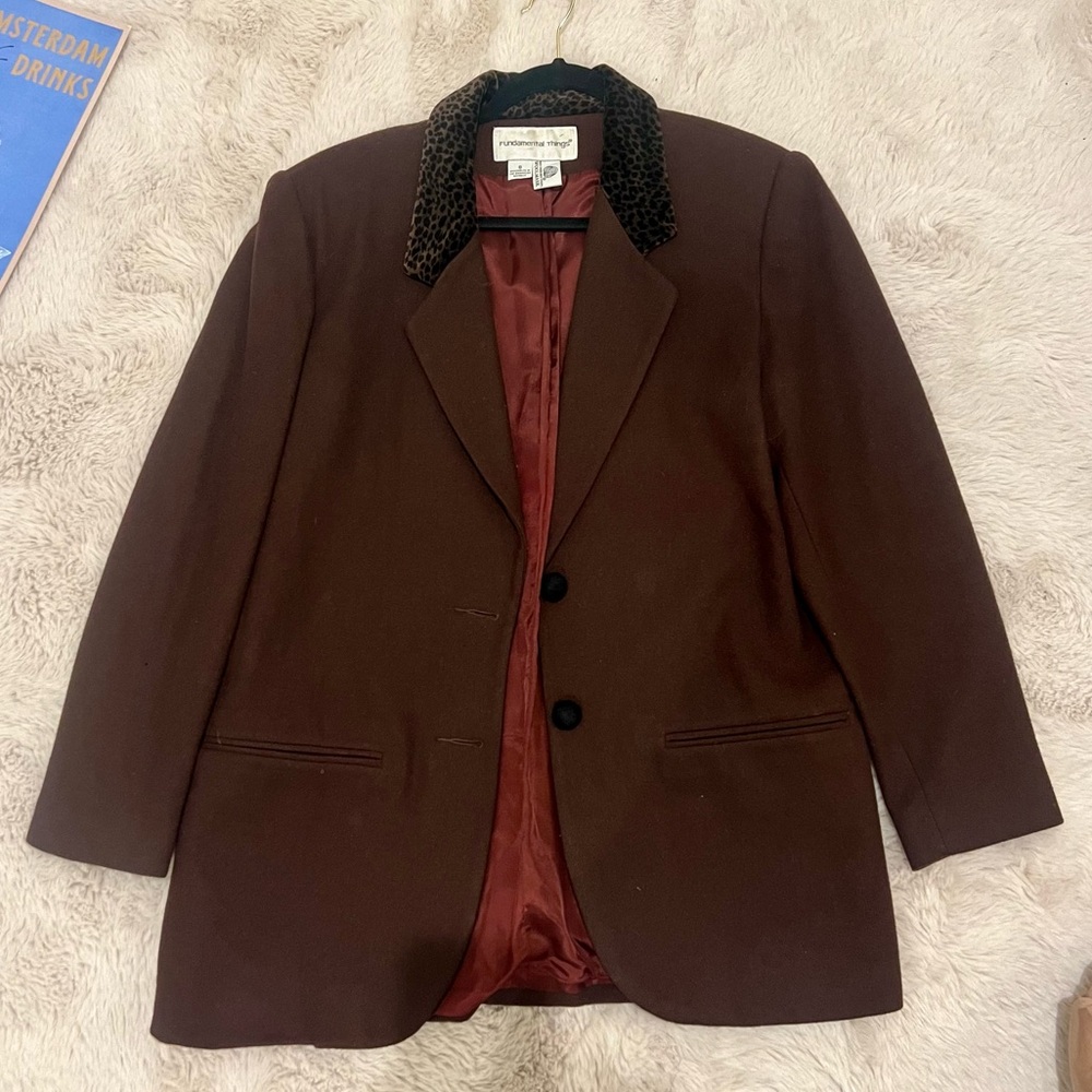 Vintage Brown Oversize Blazer with Leopard Collar